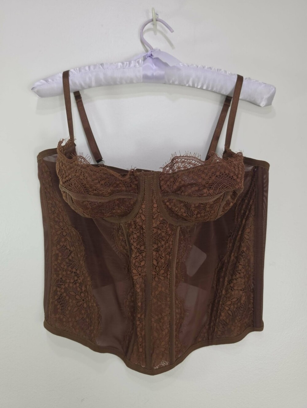Commense Brown Lace Bustier with Sheer Panels